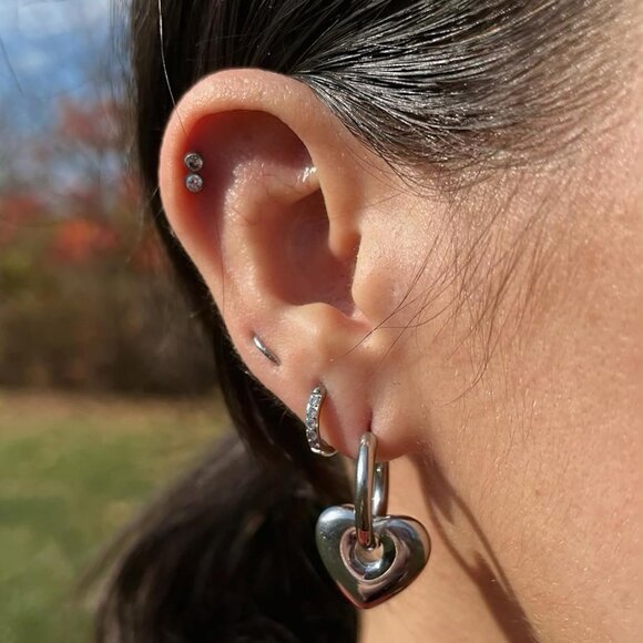 Stainless Steel Puffy Heart Gold Plated Huggie Hoop Earrings, 9/16 Inches, Styli - Picture 4 of 7